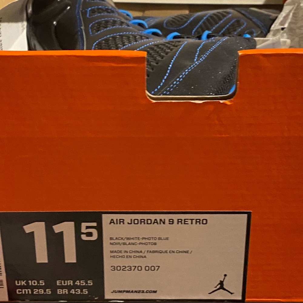 AUTHENTIC RARE JORDAN 9’s PHOTO BLUE BLACK BOTTOM. SIZE 11.5 W/BOX NEVER WORN